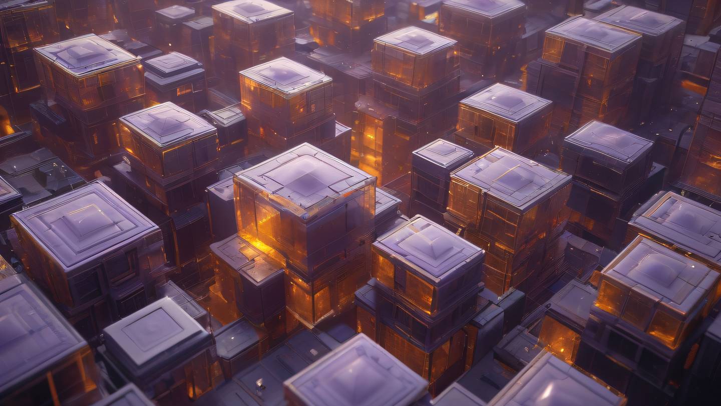Geometric crystalline structures in dusty lavender and amber colors floating in space representing modular architecture high-quality ultra-realistic cinematic 8K UHD high resolution sharp and detail