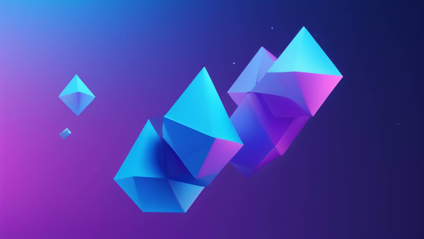 Abstract geometric shapes floating in space with bright blue and violet gradient background representing type safety and middleware flow high-quality ultra-realistic cinematic 8K UHD high resolution sharp and detail