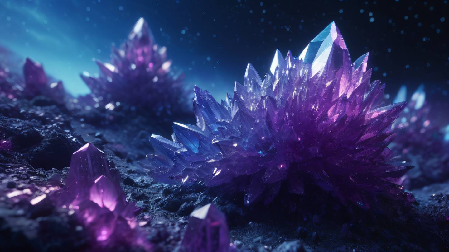 Crystalline formations in bright violet and blue hues against a cosmic background symbolizing structured data and type hierarchies high-quality ultra-realistic cinematic 8K UHD high resolution sharp and detail