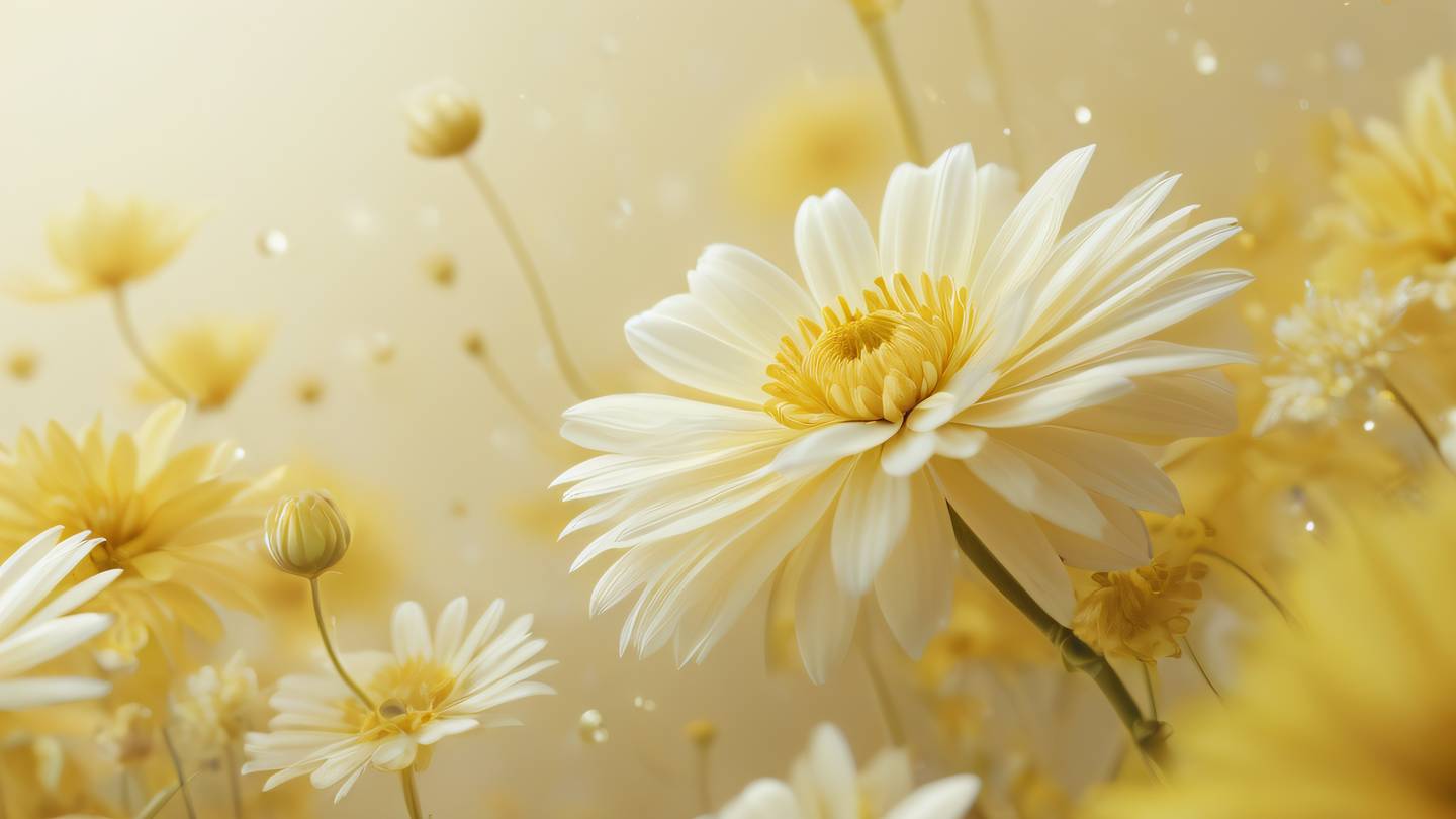 Delicate floral patterns in yellow and creamy colors floating in ethereal space representing harmony of types and middleware composition high-quality ultra-realistic cinematic 8K UHD high resolution sharp and detail