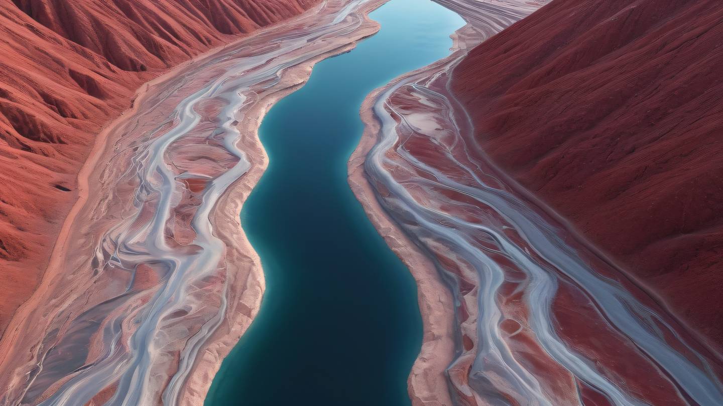 Flowing river through a geometric landscape with crystalline formations featuring peach and ruby red gradients captured from aerial view high-quality ultra-realistic cinematic 8K UHD high resolution sharp and detail