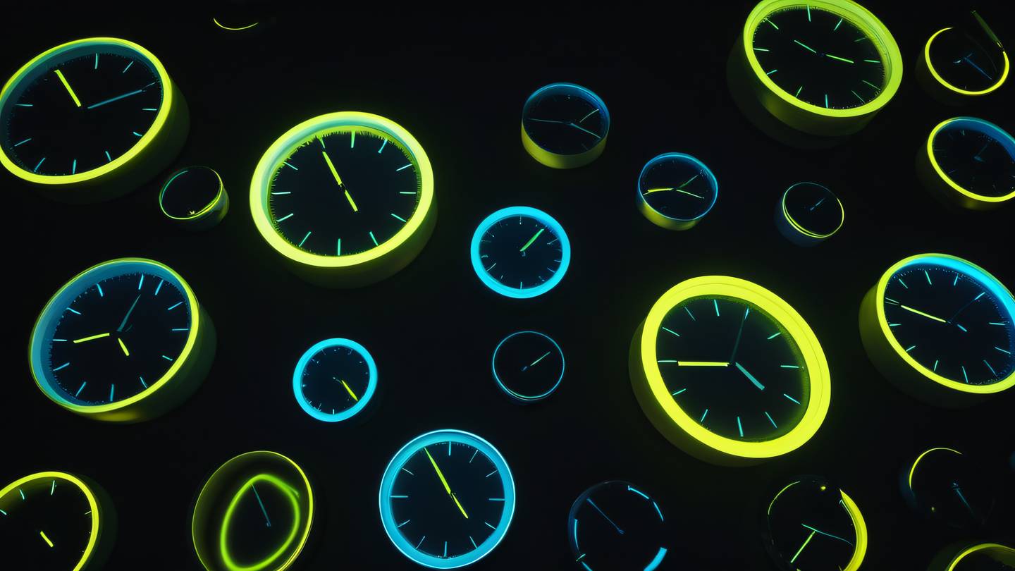 A minimalist abstract composition of geometric clock shapes floating in space featuring bright neon yellow and electric blue gradients against a deep black background shot from a low angle perspective looking up high-quality ultra-realistic cinematic 8K UHD high resolution sharp and detail