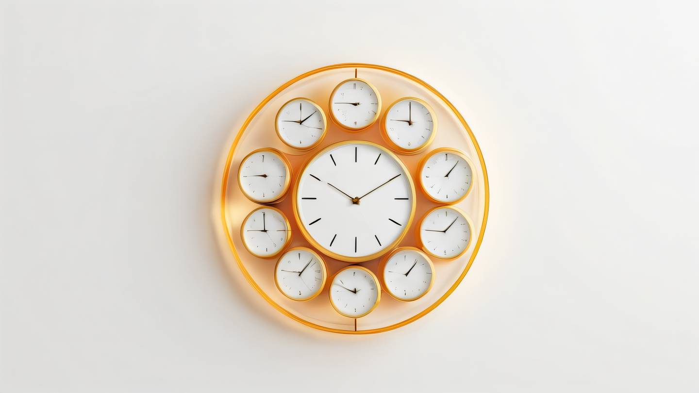 A minimalist abstract composition featuring floating geometric shapes representing time zones and clock faces rendered in bright amber and golden tones against a clean white background. Shot from a top-down perspective ultra-realistic cinematic 8K UHD high resolution sharp and detailed