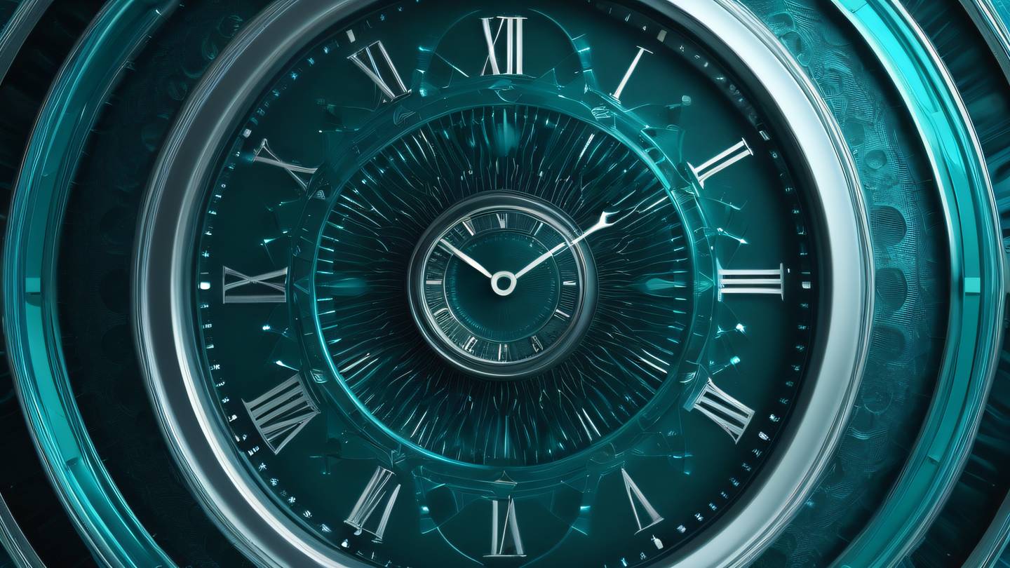 A flowing abstract representation of time with clock-like circular patterns rendered in holographic teal and silver tones shot from a top-down perspective with dramatic lighting high-quality ultra-realistic cinematic 8K UHD high resolution sharp and detail