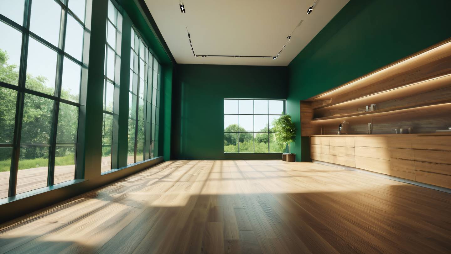 A modern minimalist architectural space with large windows letting in streams of sunlight captured from a low angle perspective featuring rich emerald green walls contrasting with natural wood elements high-quality ultra-realistic cinematic 8K UHD high resolution sharp and detail