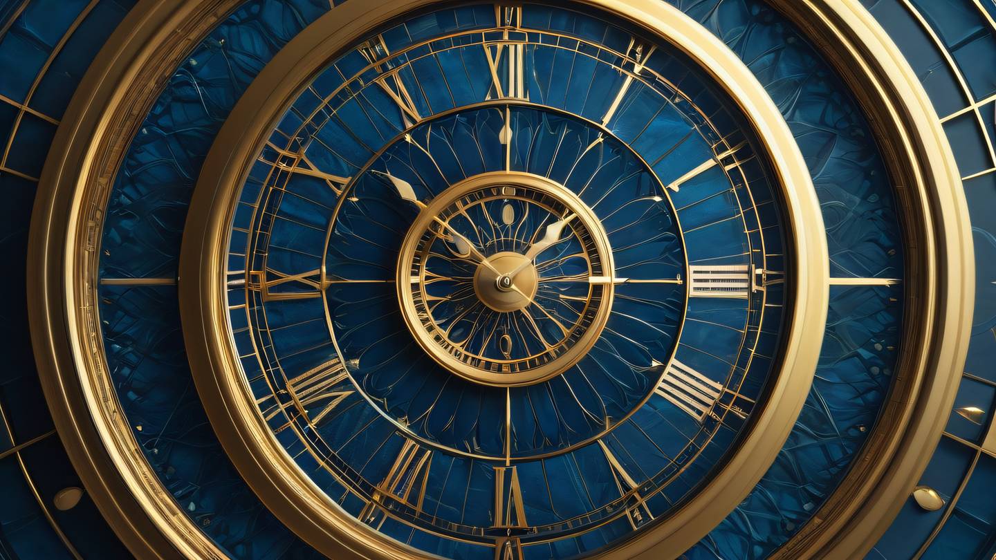 Abstract geometric patterns inspired by time pieces and clocks viewed from top-down featuring deep ocean blues and golden accents with white highlights flowing in circular motions high-quality ultra-realistic cinematic 8K UHD high resolution sharp and detail
