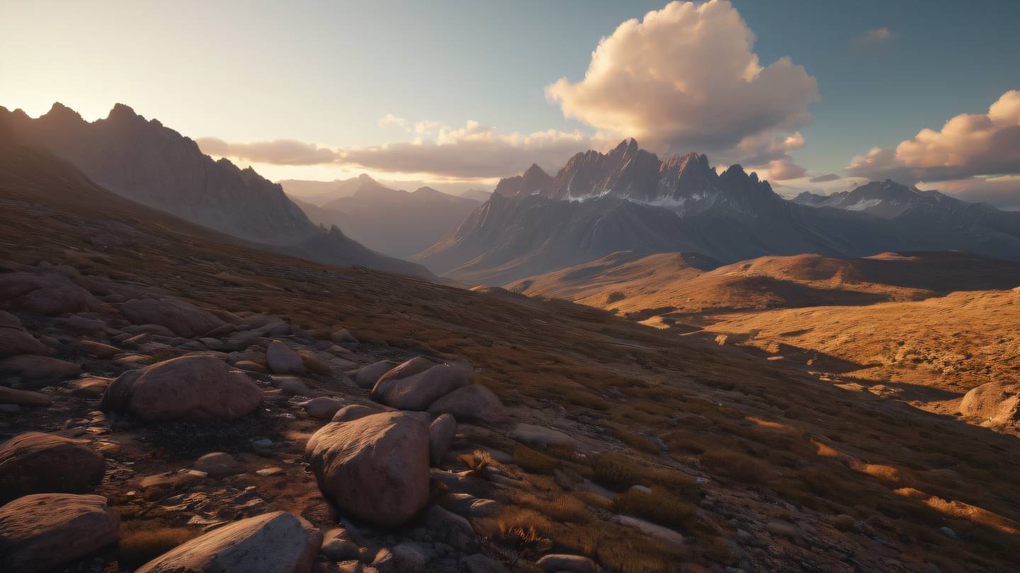 A peaceful rocky mountain landscape at golden hour shot from a wide angle featuring rich brown and mahogany colors with soft cream clouds high-quality ultra-realistic cinematic 8K UHD high resolution sharp and detail