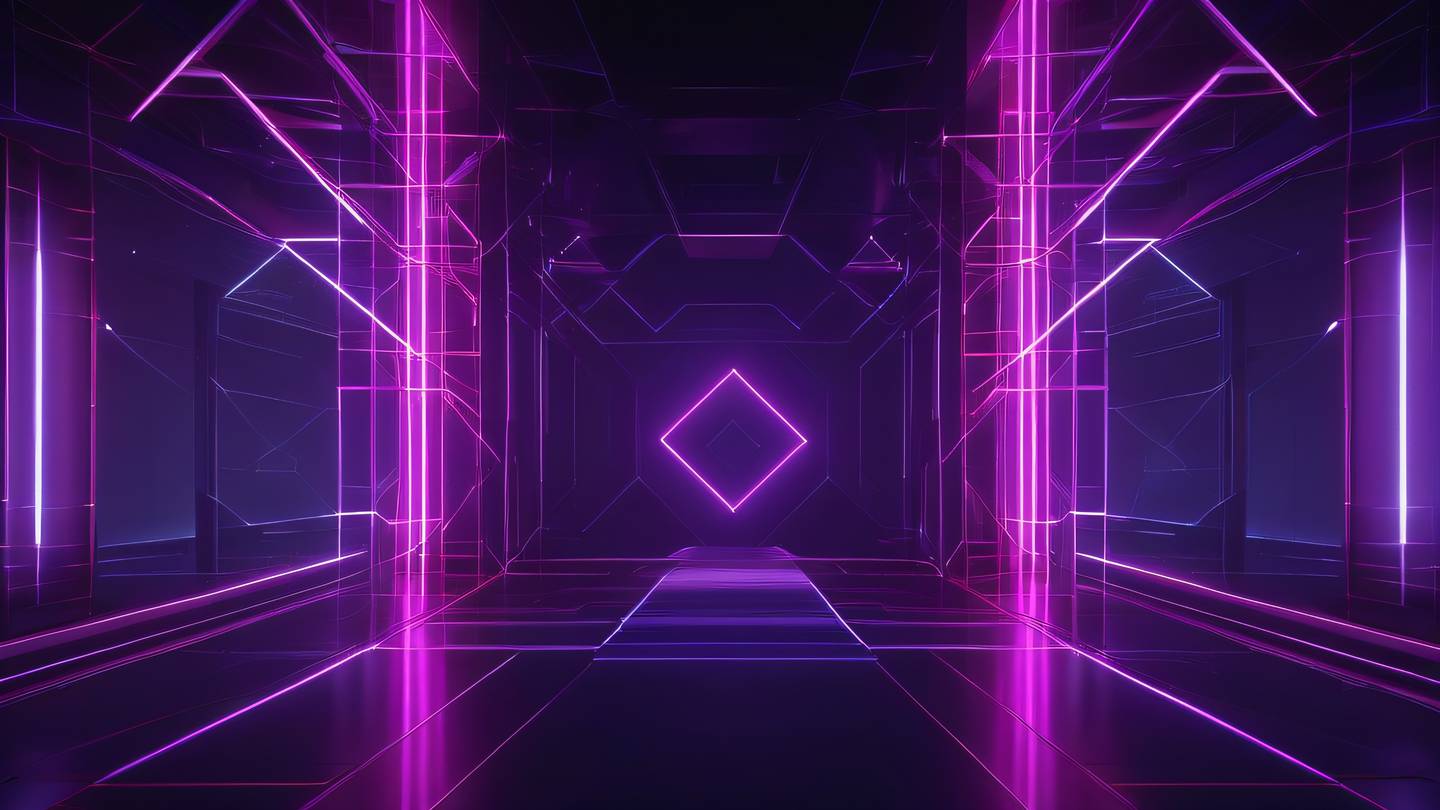 A modern abstract architectural structure with glowing neon purple and red geometric shapes representing database connections ultra-realistic cinematic 8K UHD high resolution sharp and detailed