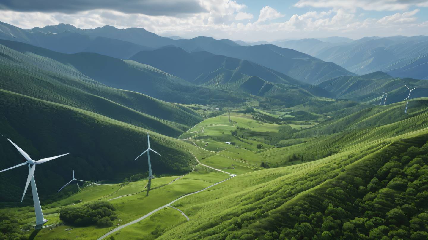 A serene mountain landscape with automated wind turbines featuring lush green valleys and white clouds ultra-realistic sharp details 8K resolution high angle drone perspective