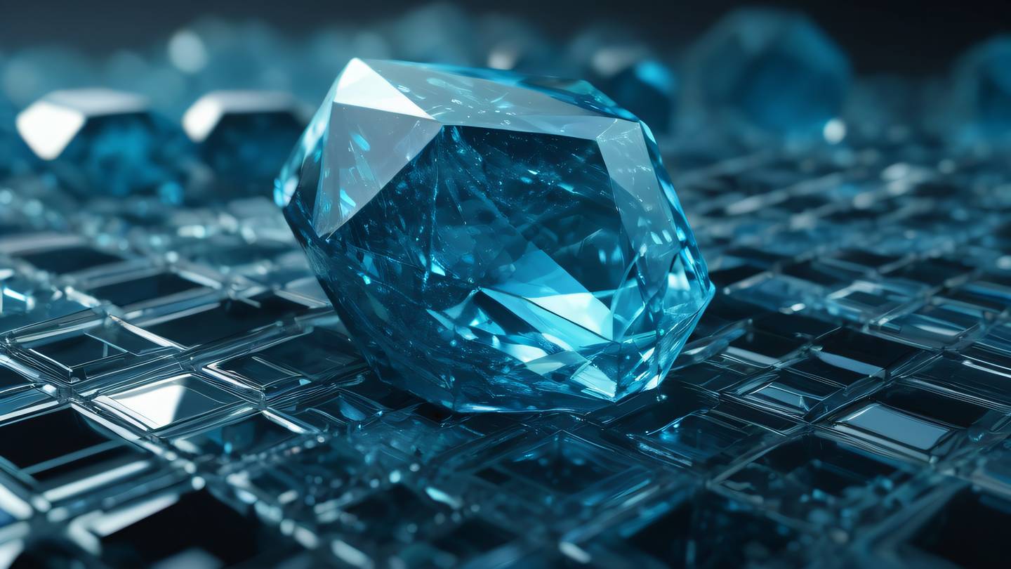 Abstract geometric patterns representing digital transformation gem-like structure with sapphire and aquamarine crystals interconnected medium shot straight on high-quality ultra-realistic cinematic 8K UHD high resolution sharp and detail