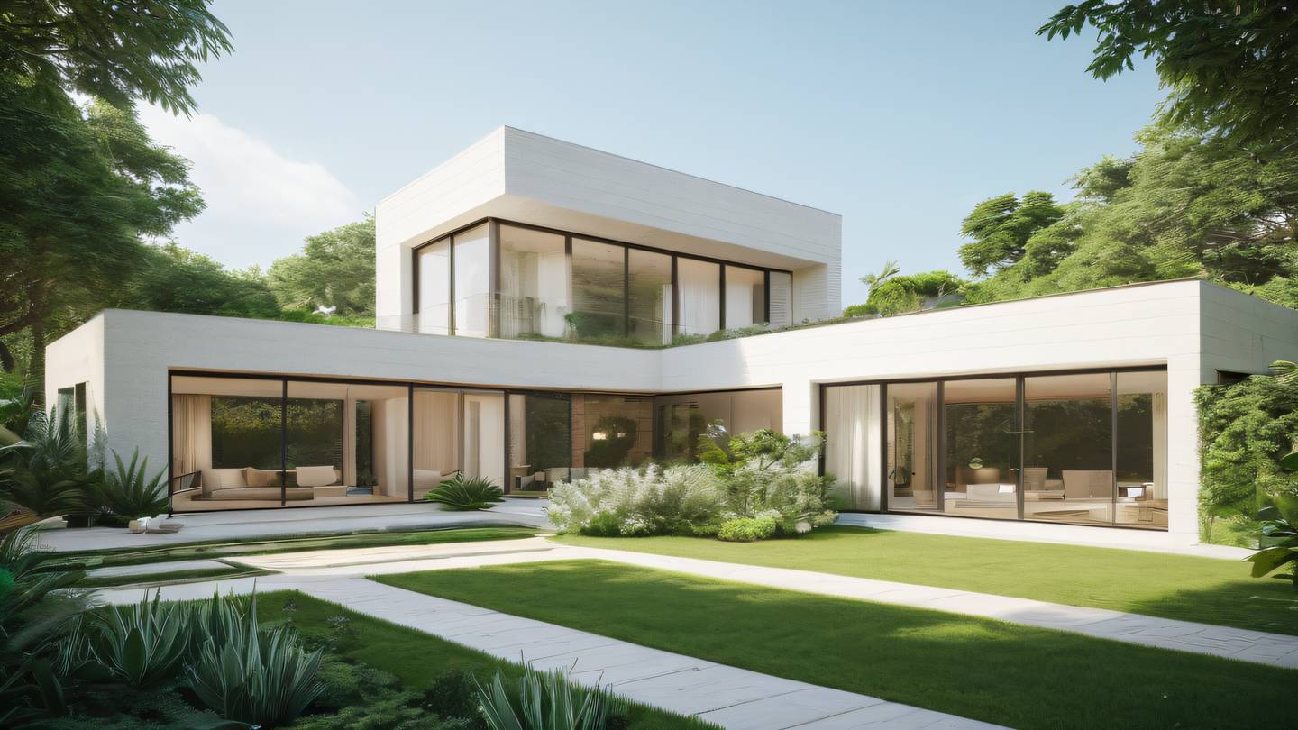 Modern architectural structure with clean lines and geometric shapes amid a lush garden color palette: whisper white and sun-washed brick with natural green accents high-quality ultra-realistic cinematic 8K UHD high resolution sharp and detail camera angle: wide angle from ground level