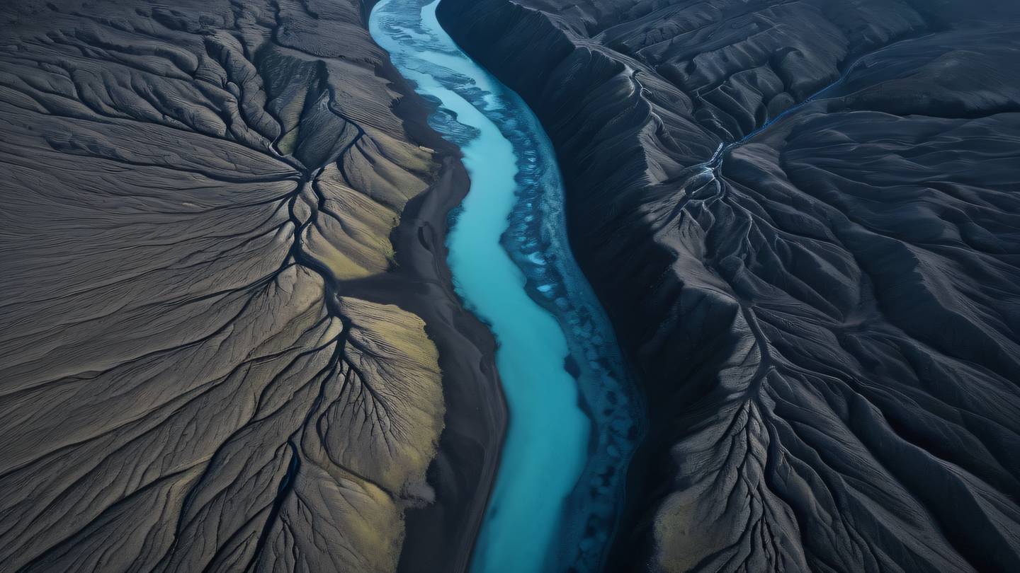 Aerial view of a vast network of rivers and streams forming interconnected patterns in Iceland with bright cool blue glacial waters contrasting against black volcanic sand high-quality ultra-realistic cinematic 8K UHD high resolution sharp and detail