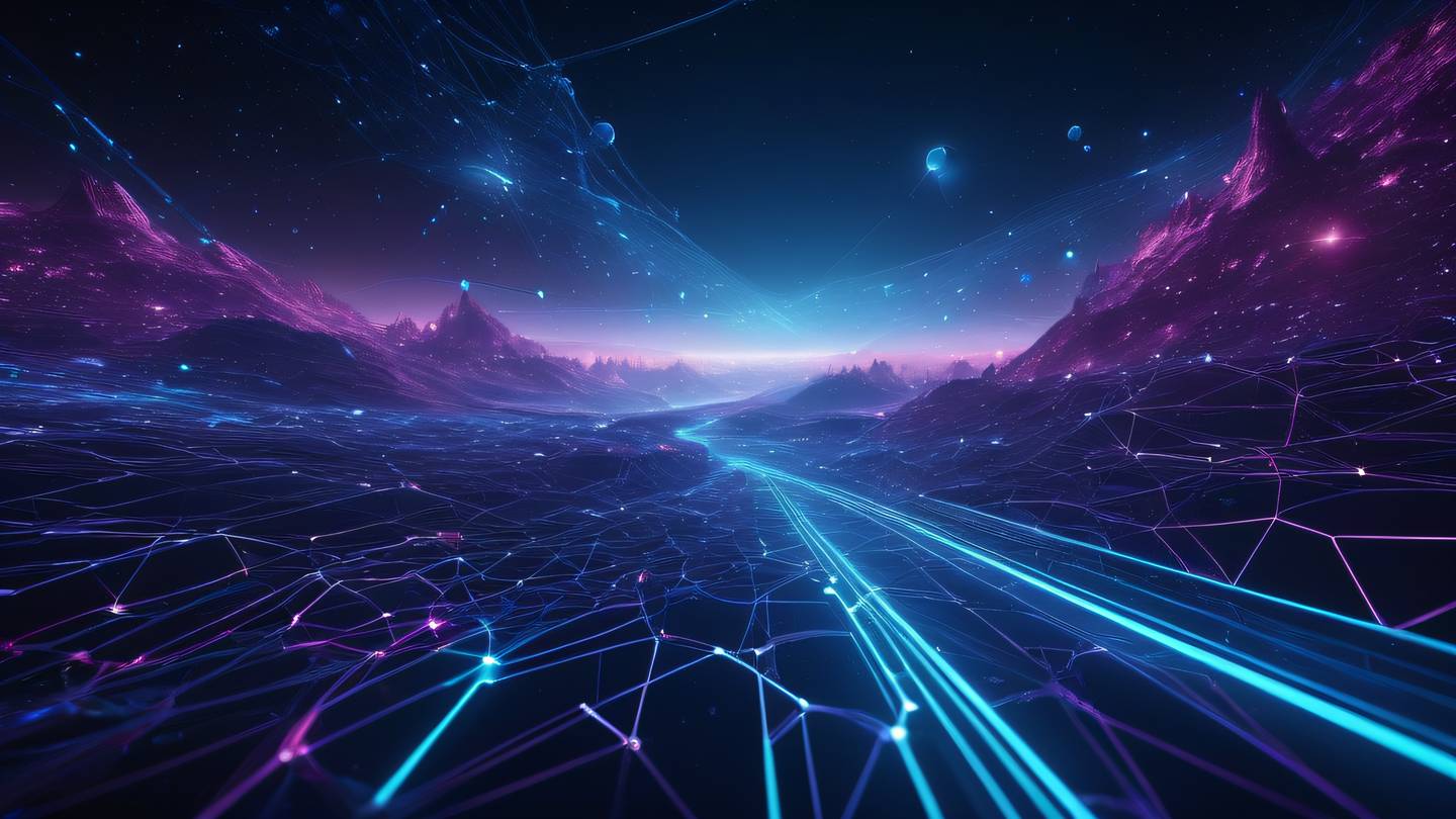 A modern abstract tech landscape with flowing digital connections represented by glowing blue and purple streams against a deep space background featuring geometric patterns and network nodes ultra-realistic cinematic 8K UHD high resolution sharp and detail