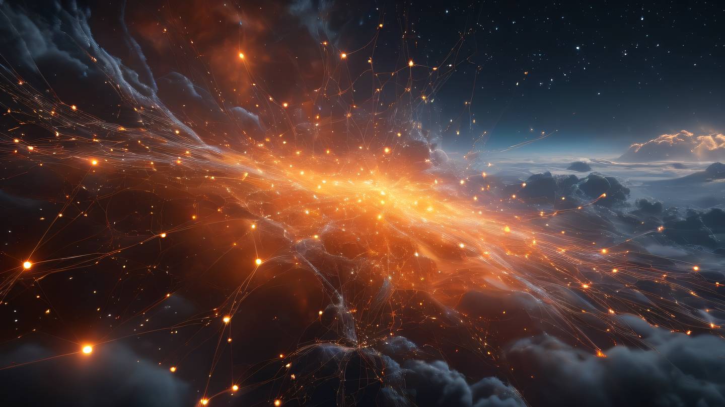 Abstract technology network connections with bright orange and silver nodes flowing through a nebula cloud high-quality ultra-realistic cinematic 8K UHD high resolution sharp and detail