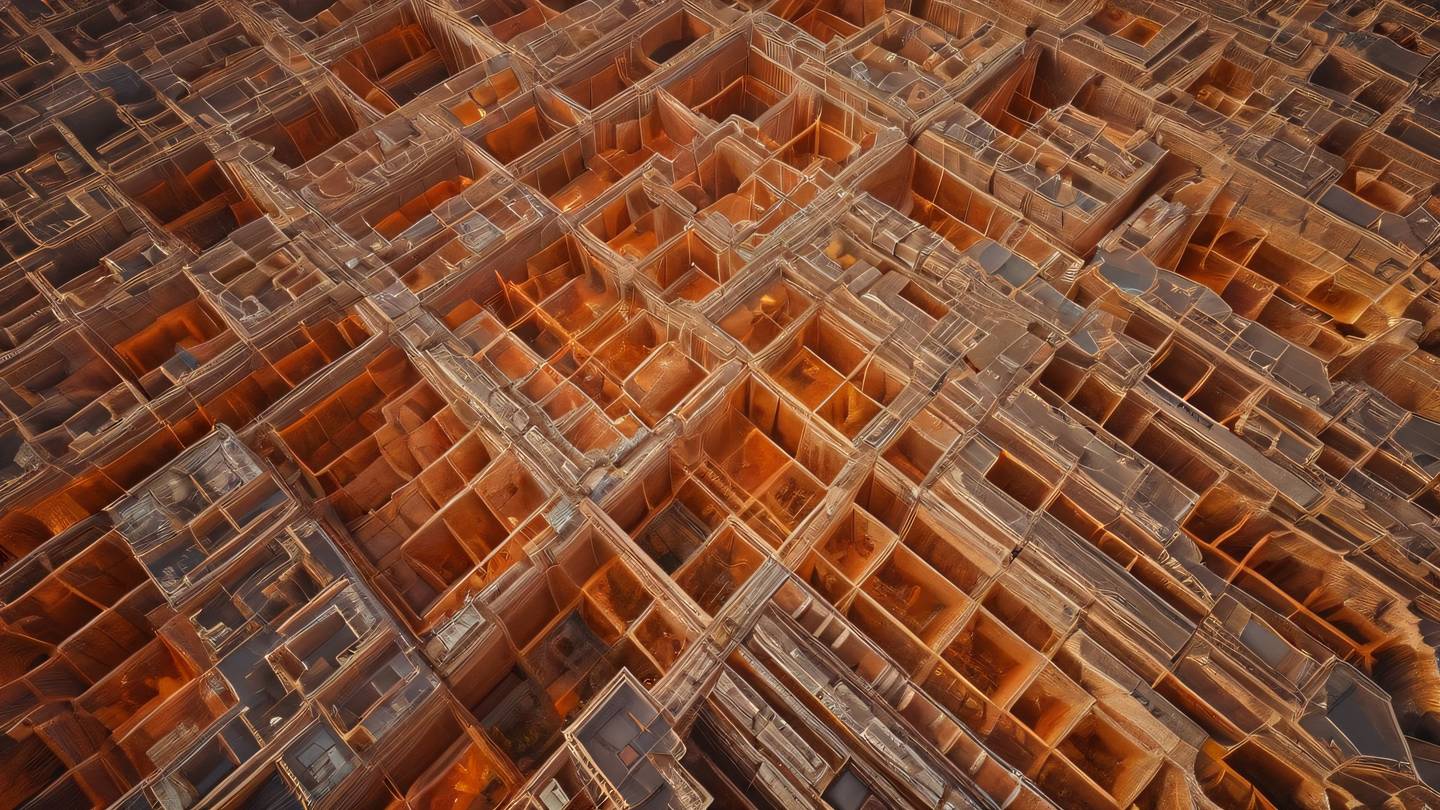 Aerial view of interconnected crystalline structures in natural earth tones and bright orange forming geometric patterns high-quality ultra-realistic cinematic 8K UHD high resolution sharp and detail