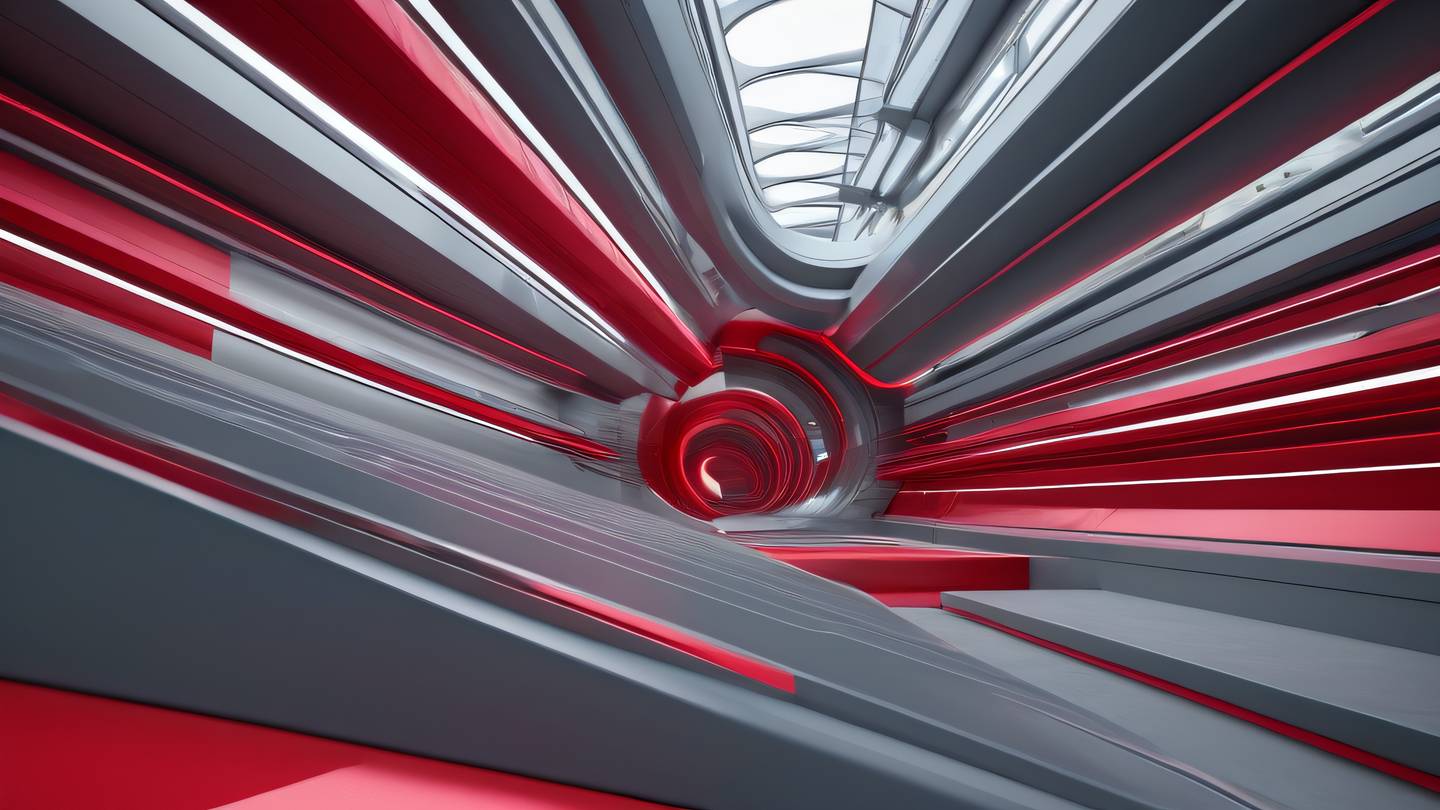 Abstract architectural structure with flowing lines and geometric patterns in bright rose red and gray representing system reliability and stability ultra-realistic cinematic 8K UHD high resolution