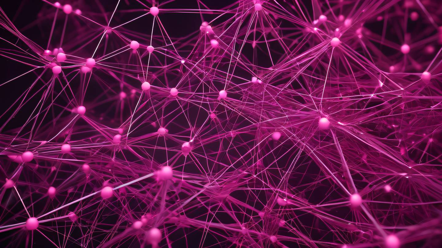 Abstract geometric pattern of interconnected nodes and lines featuring bright pink and silver elements floating in space creating a network-like structure high-quality ultra-realistic cinematic 8K UHD high resolution sharp and detail
