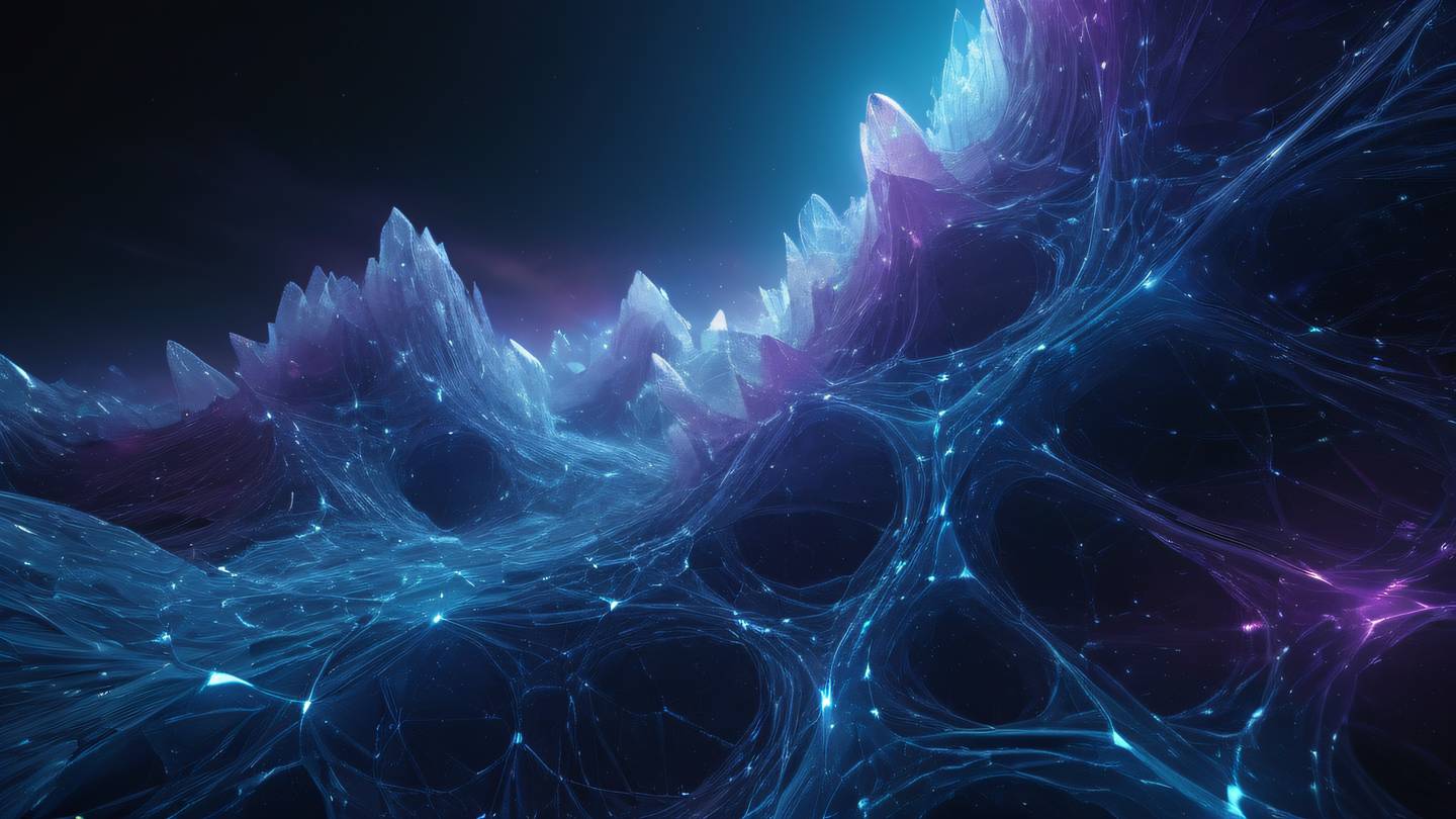 Abstract network of crystalline formations with flowing sky blue and violet energy pathways geometrical patterns emerging from darkness high-quality ultra-realistic cinematic 8K sharp and detail