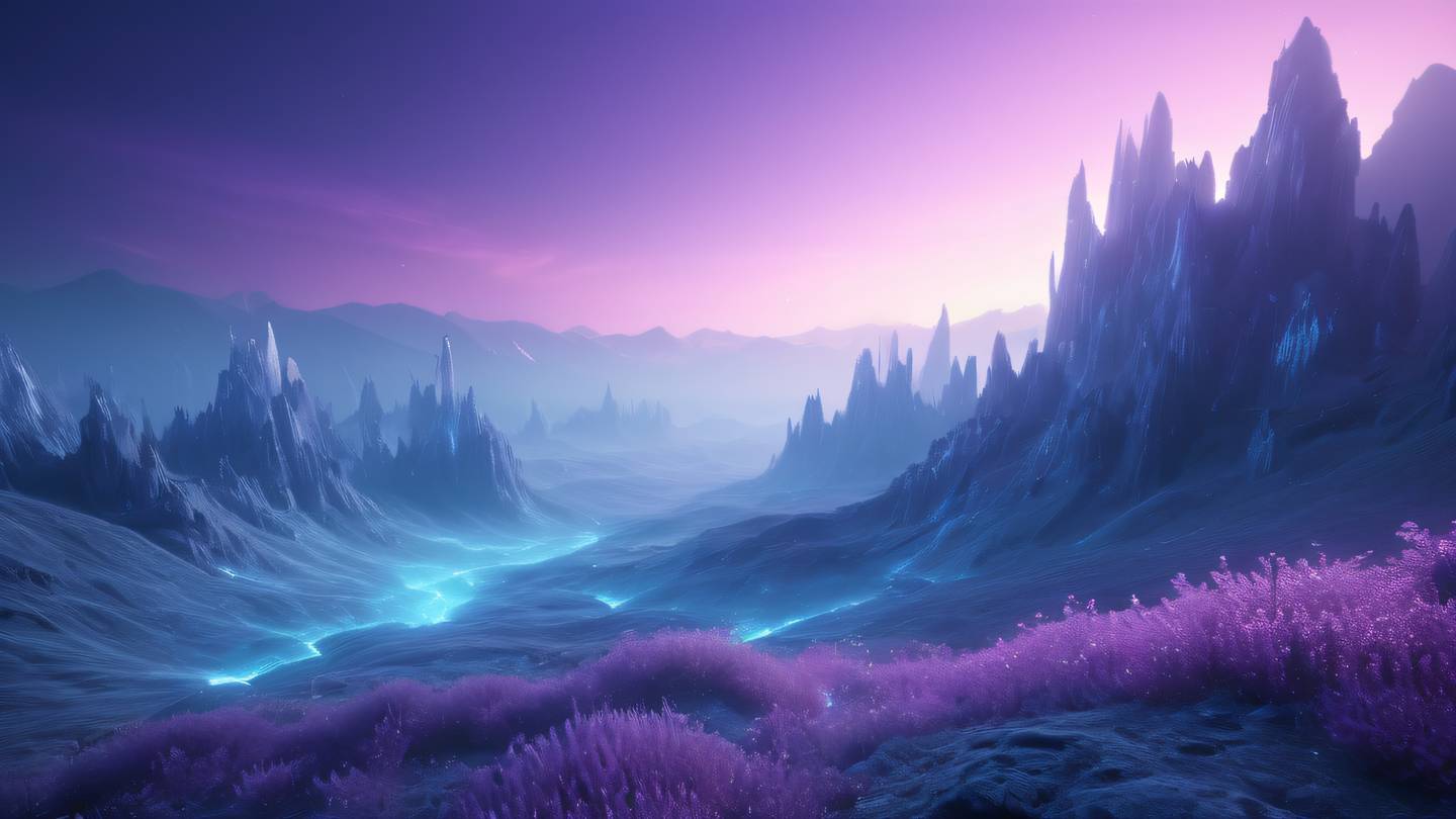 Ethereal digital landscape with crystalline formations emerging from mist featuring bright violet and sky blue light streams abstract technological patterns high-quality ultra-realistic cinematic 8K UHD
