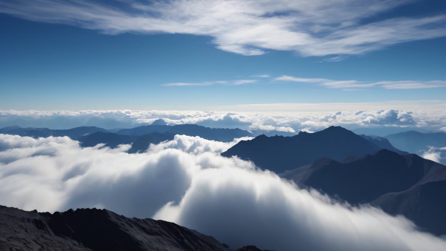Serene mountain landscape with rolling clouds navy blue sky transitioning to off-black peaks geometric cloud formations high-quality ultra-realistic cinematic 8K UHD sharp and detailed wide panoramic shot