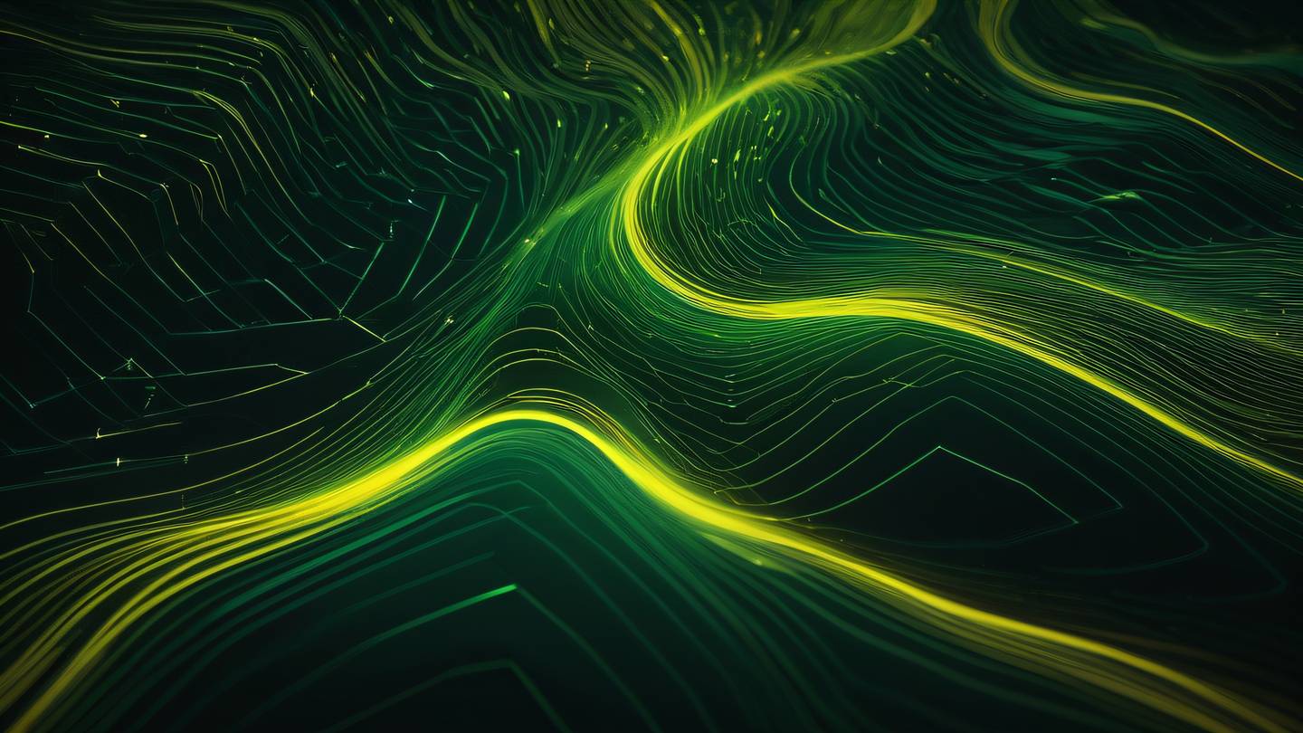 Abstract flowing data visualization emerald and yellow gradient streams of light against dark background geometric patterns merging with organic forms high-quality ultra-realistic cinematic 8K UHD sharp and detailed top-down aerial perspective