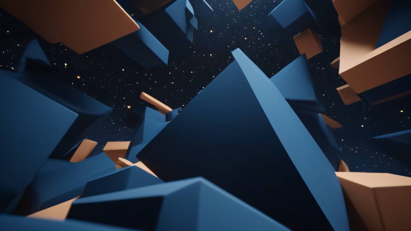Abstract geometric shapes flowing through space deep blue color scheme with subtle clay accents captured from a low angle perspective looking upward suggesting progress and innovation high-quality ultra-realistic cinematic 8K UHD high resolution sharp and detail