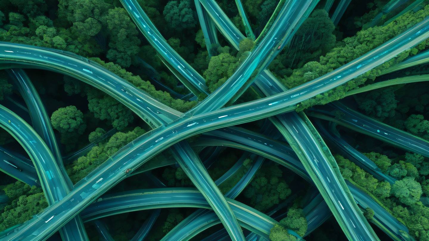 Abstract data flow visualization featuring turquoise blue and moss green geometric patterns interweaving in a harmonious composition viewed from a bird's eye perspective suggesting organization and structure high-quality ultra-realistic cinematic 8K UHD high resolution sharp and detail