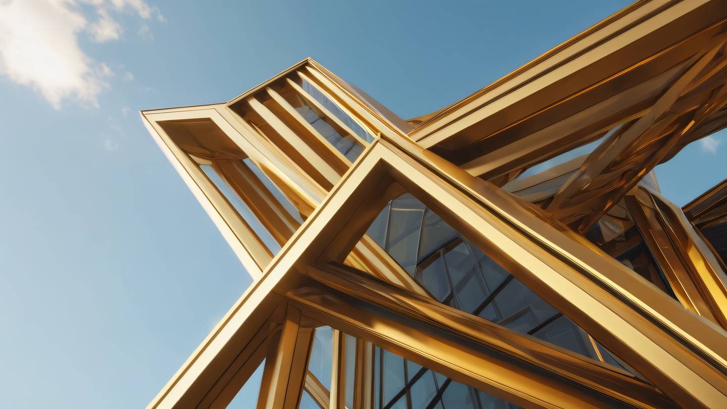 An abstract modern architectural structure with intersecting geometric shapes and clean lines featuring crystalline amber and gold tones against a bright sky shot from a dramatic low angle perspective high-quality ultra-realistic cinematic 8K UHD high resolution sharp and detail