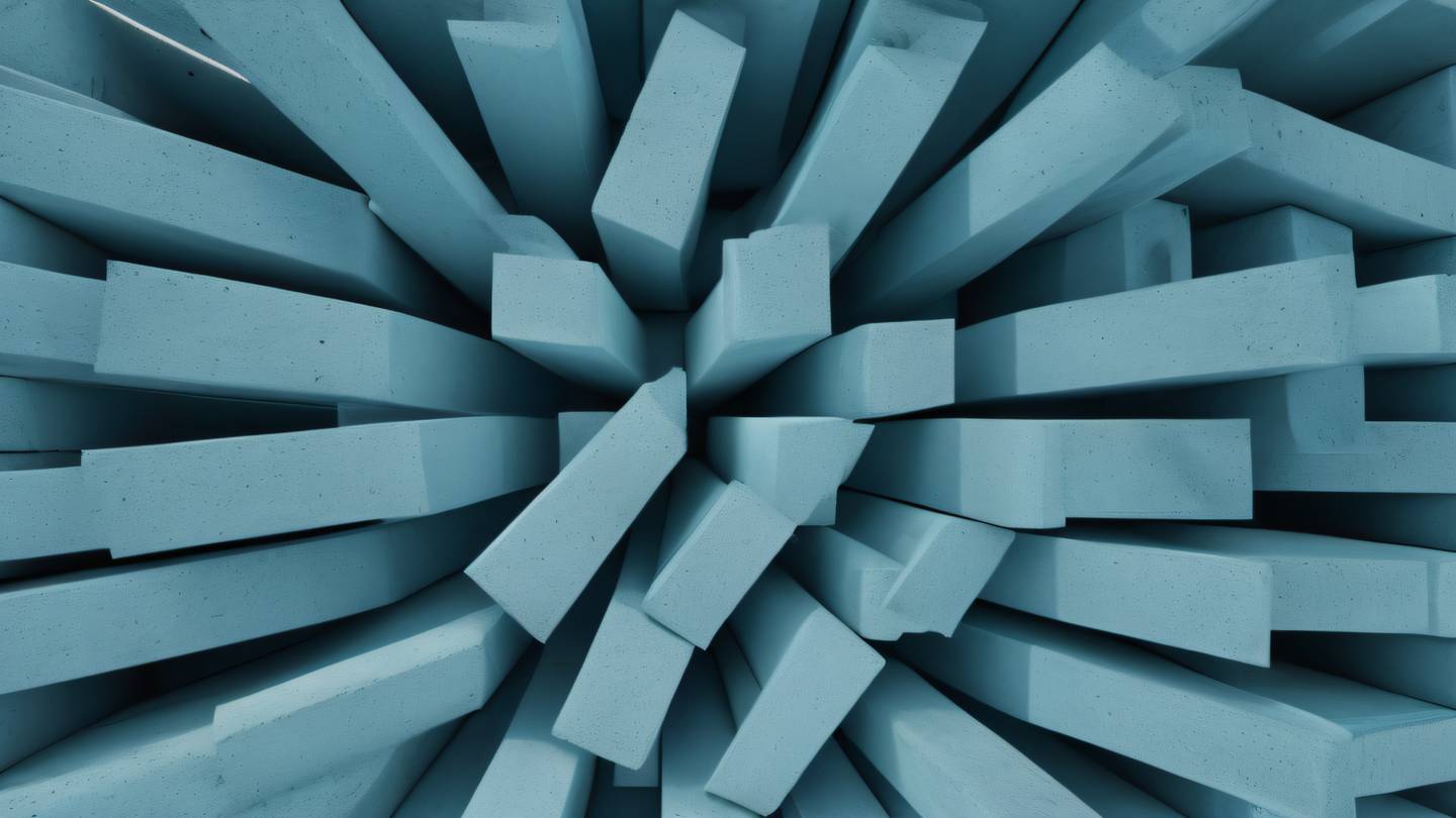 A series of interlocking concrete blocks in various shades of blue and cyan arranged in a spiral pattern photographed from a bird's eye view high-quality ultra-realistic cinematic 8K UHD high resolution sharp and detail