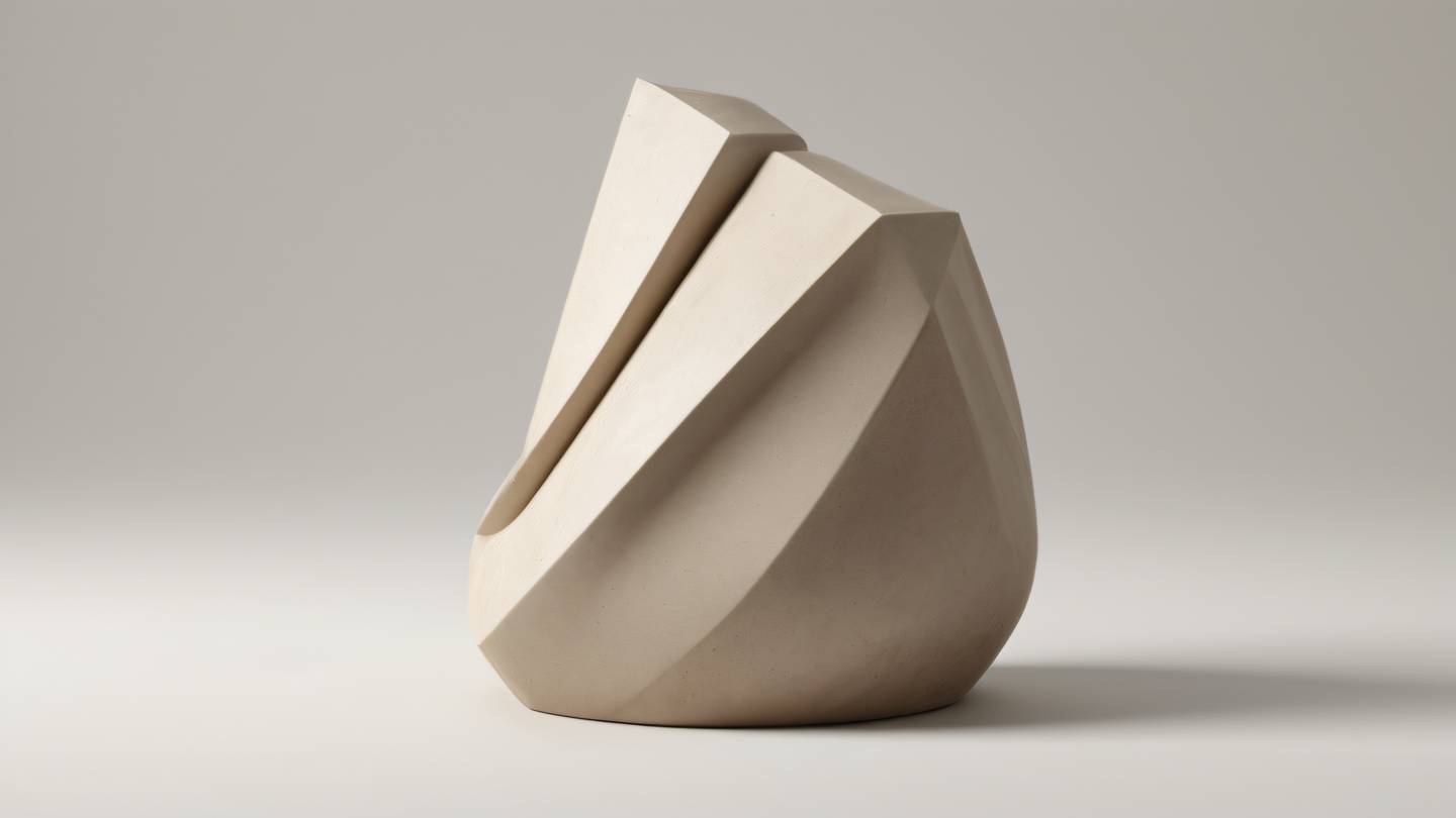 A minimalist stone sculpture with clean geometric shapes in neutral earth tones and warm whites featuring smooth curves and sharp edges captured from a 45-degree angle high-quality ultra-realistic cinematic 8K UHD high resolution sharp and detail