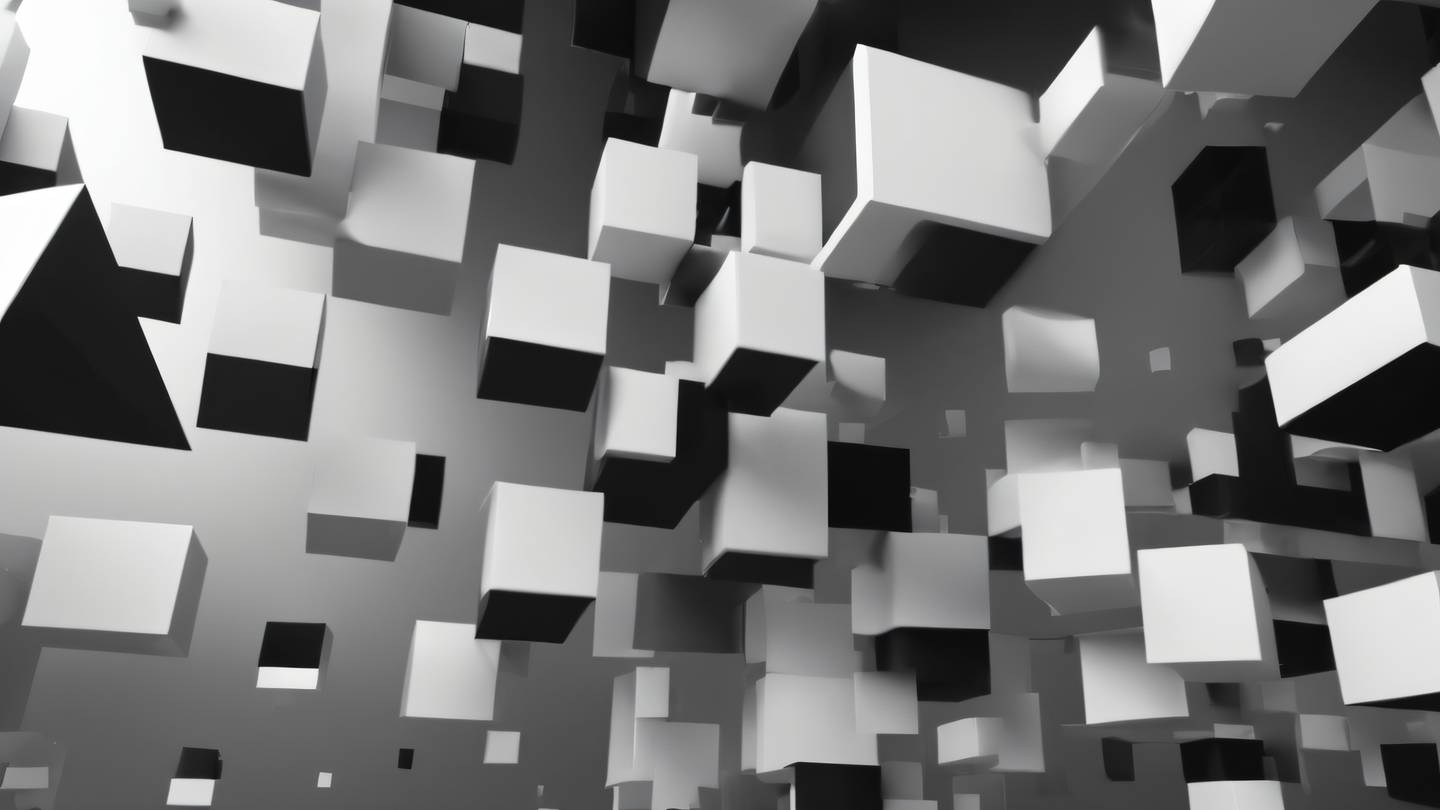 An abstract composition of black and white geometric shapes floating in space with strong contrasts and clean lines viewed from a straight-on perspective high-quality ultra-realistic cinematic 8K UHD high resolution sharp and detail