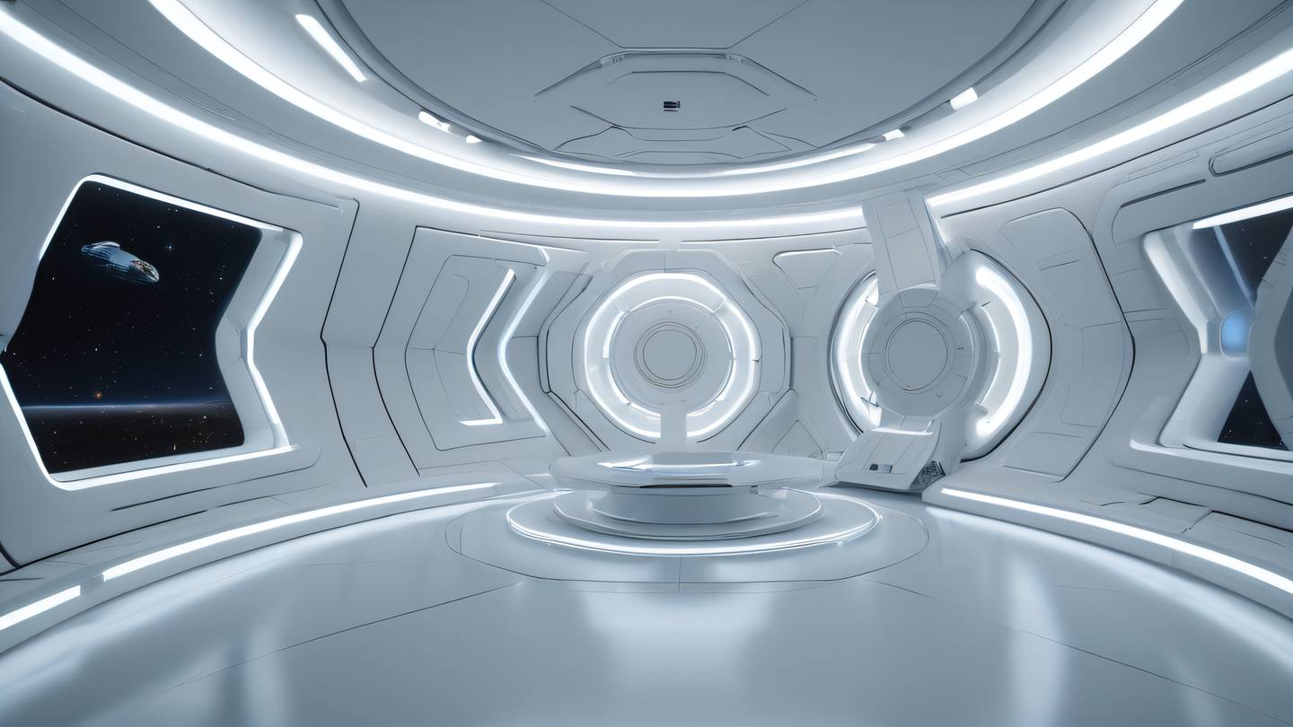 Modern minimalist space station interior with curved walls and floating geometric shapes rendered in bright neutral tones with accent lighting representing the future of web architecture high-quality ultra-realistic cinematic 8K UHD high resolution sharp and detail
