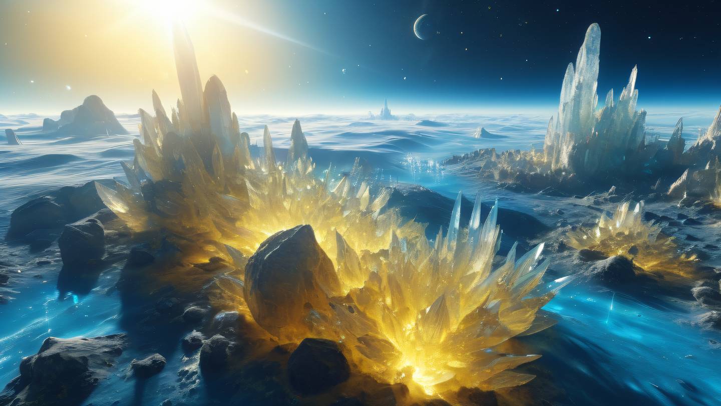 Serene cosmic landscape with floating crystal formations in bright sky blue and sunny yellow creating a harmonious pattern in space high-quality ultra-realistic cinematic 8K UHD high resolution sharp and detail
