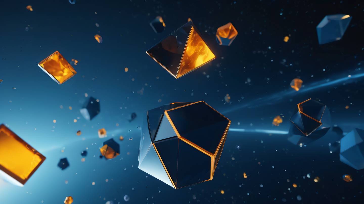 Abstract geometric shapes floating in space featuring crystalline structures in bright amber and deep blue tones ultra-realistic cinematic quality 8K resolution sharp details low-angle shot with dramatic perspective