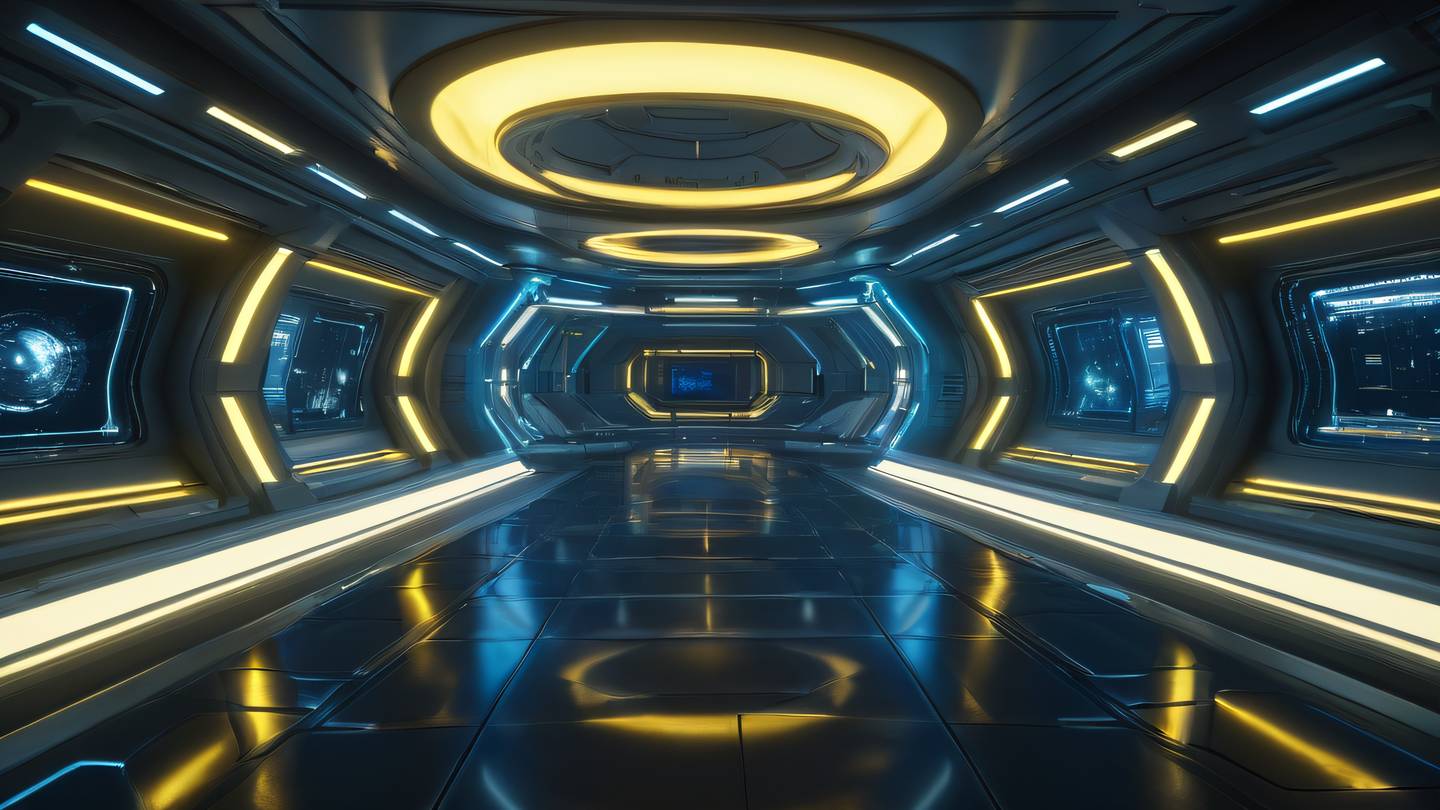 Futuristic space station interior with sleek metallic surfaces reflecting yellow and blue light patterns high-quality ultra-realistic cinematic 8K UHD wide-angle perspective showing curved architecture
