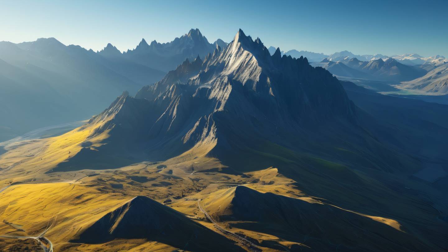 Modern geometric mountain landscape with sharp peaks featuring vibrant yellow sunlight casting shadows across blue-tinted valleys high-quality ultra-realistic cinematic 8K UHD aerial perspective
