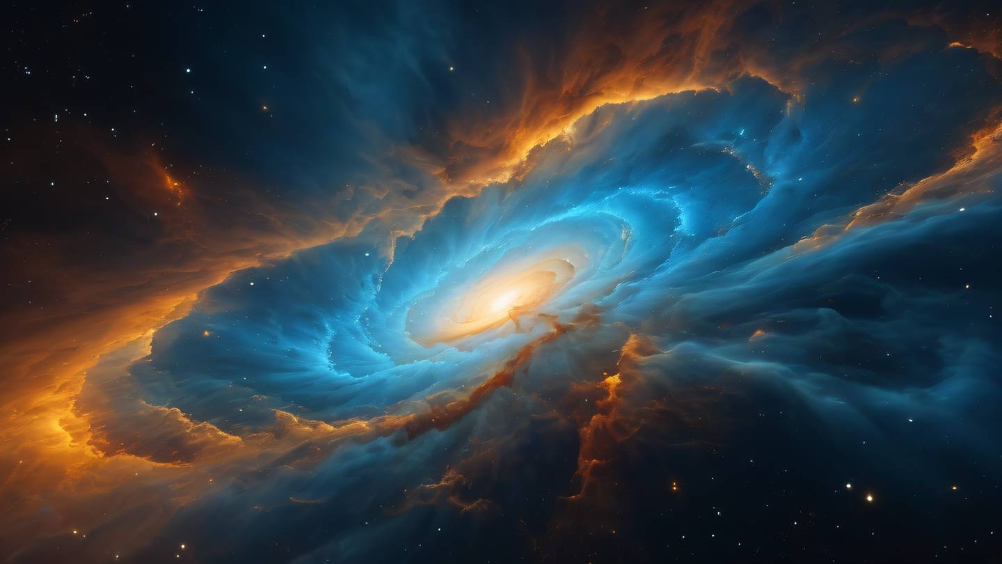 Abstract nebula cloud formation in space with swirling patterns of bright amber and electric blue high-quality ultra-realistic cinematic 8K UHD high resolution dynamic top-down view