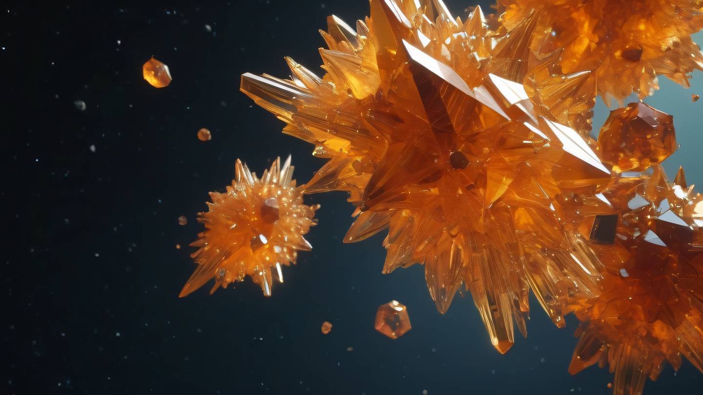 Abstract geometric crystal formations floating in space with vivid orange and amber gradients ultra-realistic cinematic 8K UHD high resolution sharp and detailed