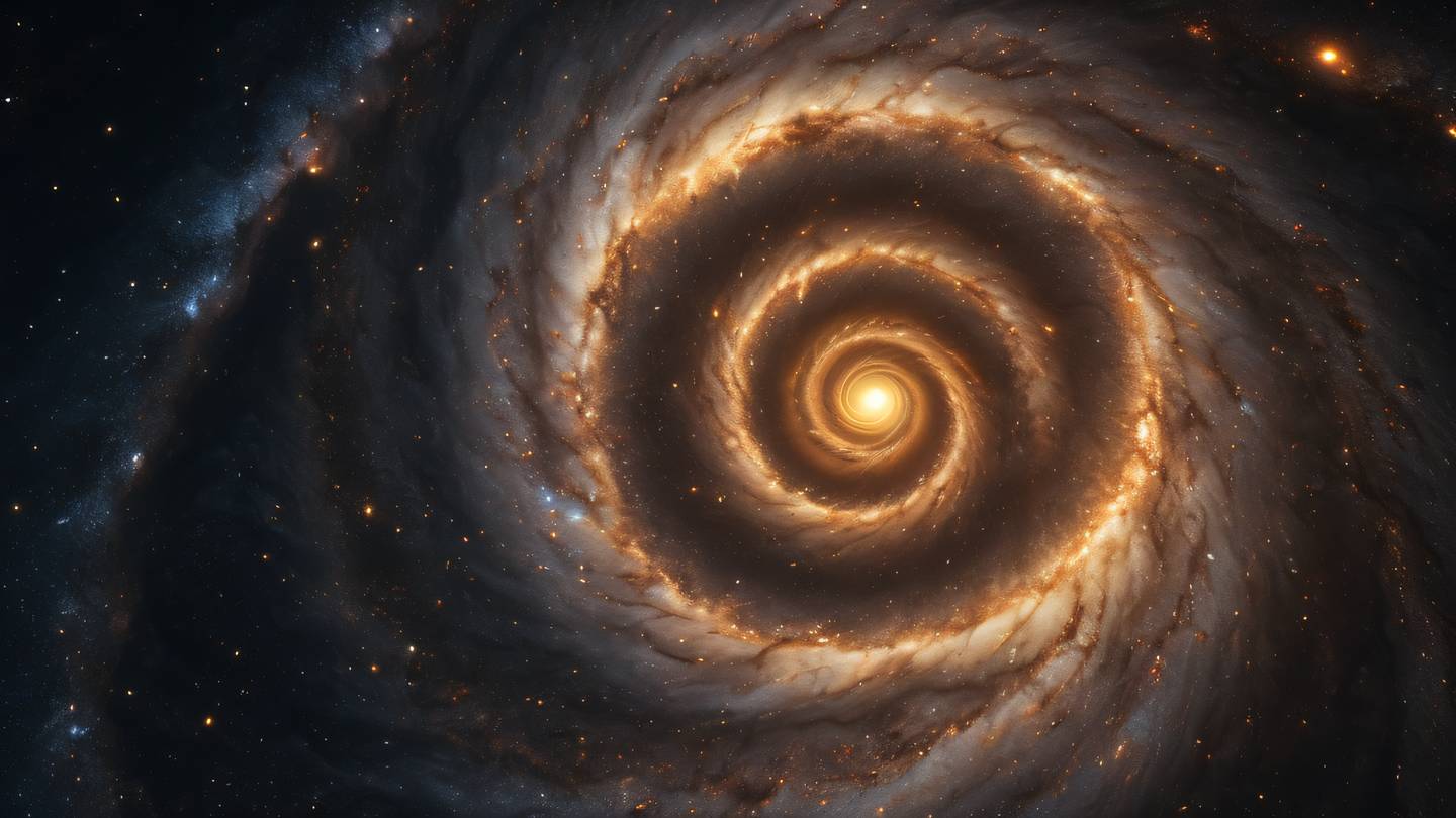 Spiral galaxy formation with zinc and amber colors swirling in cosmic dust high-quality ultra-realistic cinematic 8K UHD high resolution sharp and detailed