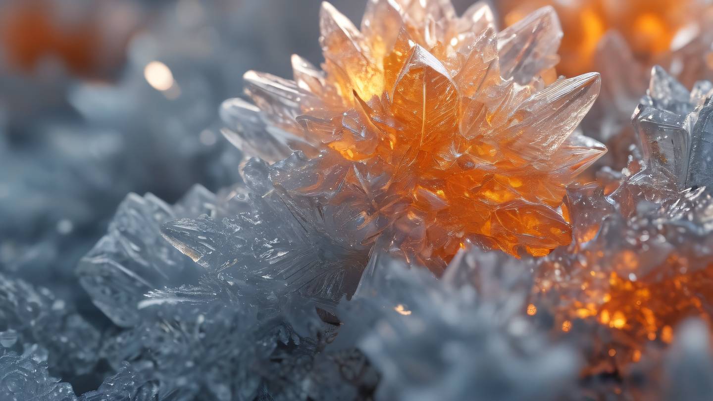 Pristine ice crystals forming in geometric patterns with vivid orange and zinc highlights high-quality ultra-realistic cinematic 8K UHD high resolution sharp and detailed