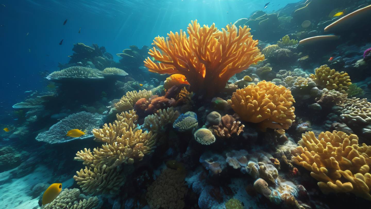 Underwater coral reef formations with vibrant amber and orange colors illuminated by rays of light high-quality ultra-realistic cinematic 8K UHD high resolution sharp and detailed