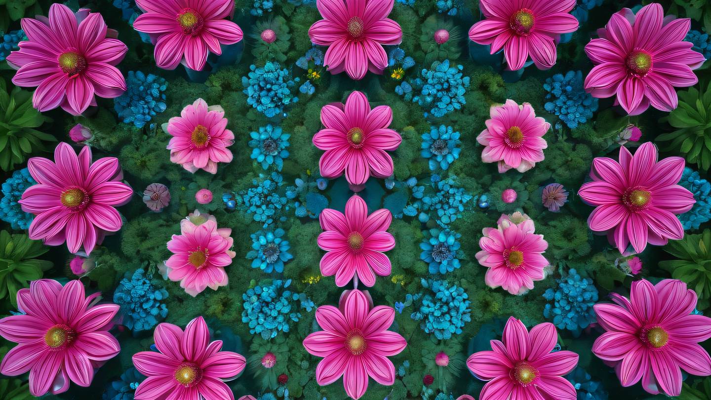 Aerial view of geometric garden patterns with vibrant pink and neon blue flowerbeds creating symmetrical designs high-quality ultra-realistic cinematic 8K UHD high resolution sharp and detail