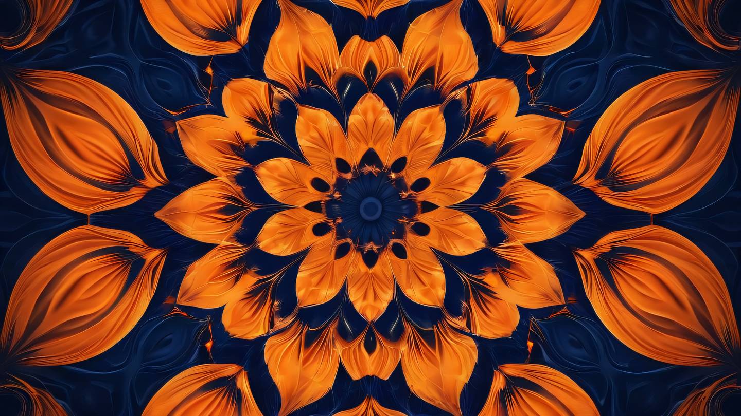 Kaleidoscopic texture pattern with swirling orange and navy gradients forming a mesmerizing abstract design high-quality ultra-realistic cinematic 8K UHD high resolution sharp and detail