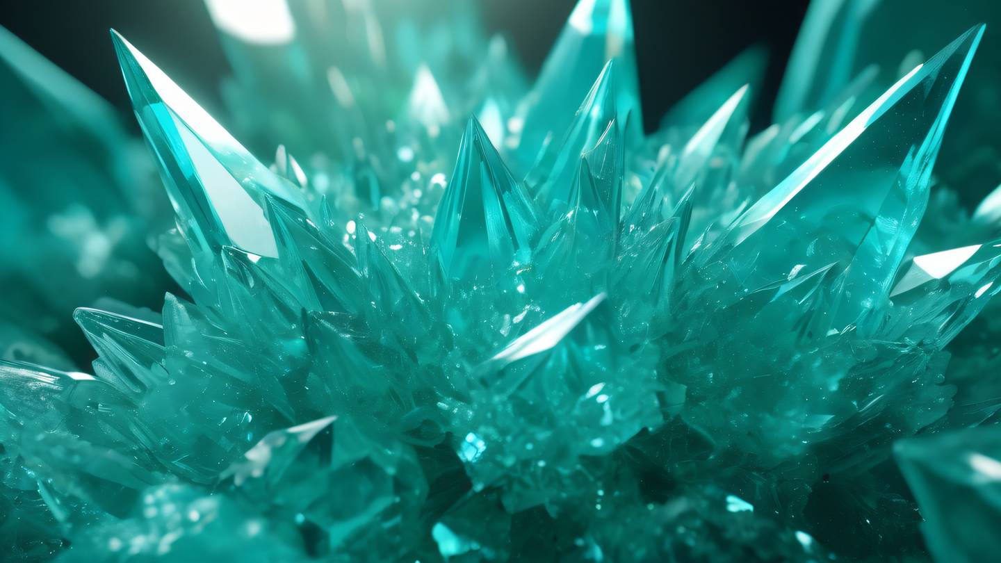 Abstract crystal formations in bright cyan and green colors growing in geometric patterns with light refractions high-quality ultra-realistic cinematic 8K UHD high resolution sharp and detail