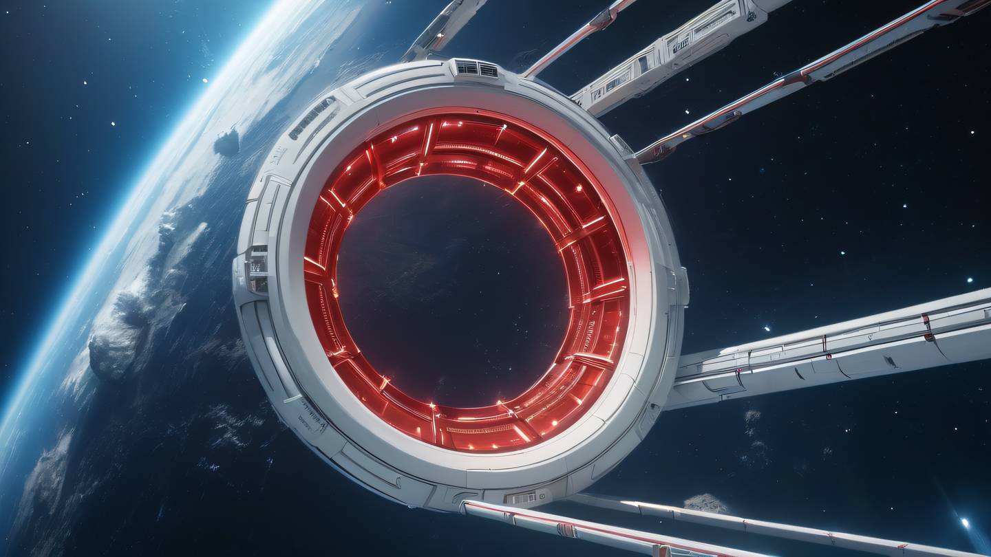 A futuristic secure gateway portal floating in space with geometric patterns glowing energy shields in perfect red and off-white colors sharp crystalline structures low angle shot looking upward high-quality ultra-realistic cinematic 8K UHD high resolution sharp and detail