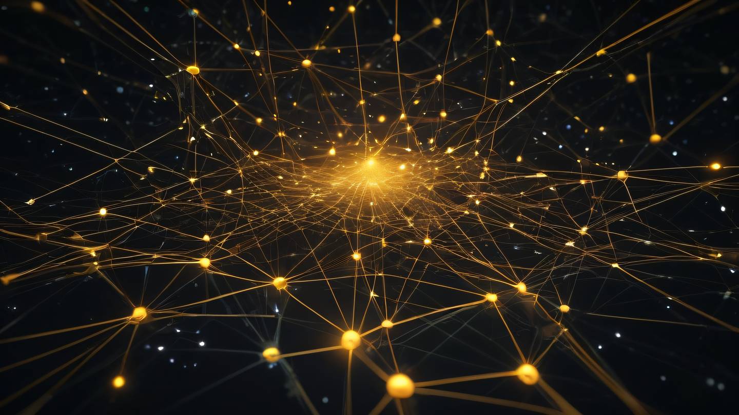 Abstract network of interconnected nodes and pathways floating in dark space with bright neon and ochre colored energy streams flowing between connection points captured from bird's eye view high-quality ultra-realistic cinematic 8K UHD high resolution sharp and detail