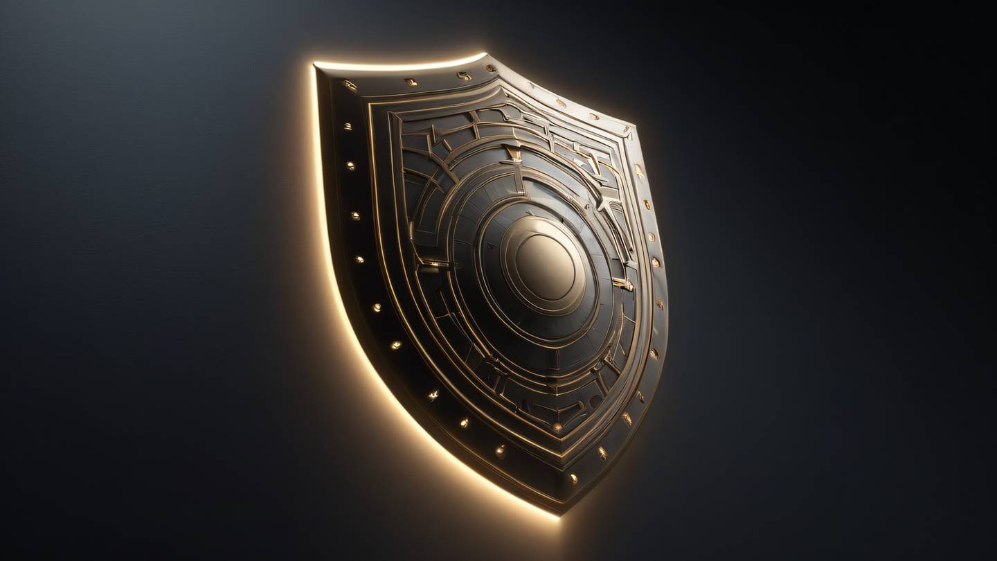Geometric abstract security shield composed of interlocking shapes and patterns glowing with creamy and stone colored light floating against dark background diagonal angle shot high-quality ultra-realistic cinematic 8K UHD high resolution sharp and detail