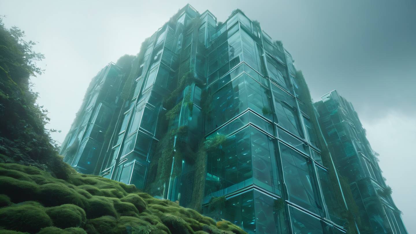 A futuristic crystalline building structure emerging from misty clouds featuring geometric patterns and floating elements predominantly in bright seaweed green and stone blue colors shot from a low angle perspective looking up high-quality ultra-realistic cinematic 8K UHD high resolution sharp and detail