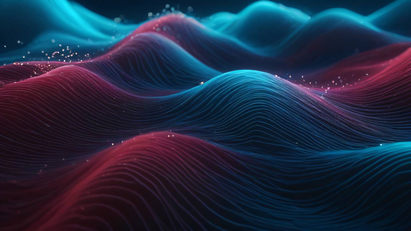 Abstract flowing data streams visualization with iridescent waves and particles featuring maroon and breezeway blue gradients captured from a bird's eye view perspective high-quality ultra-realistic cinematic 8K UHD high resolution sharp and detail