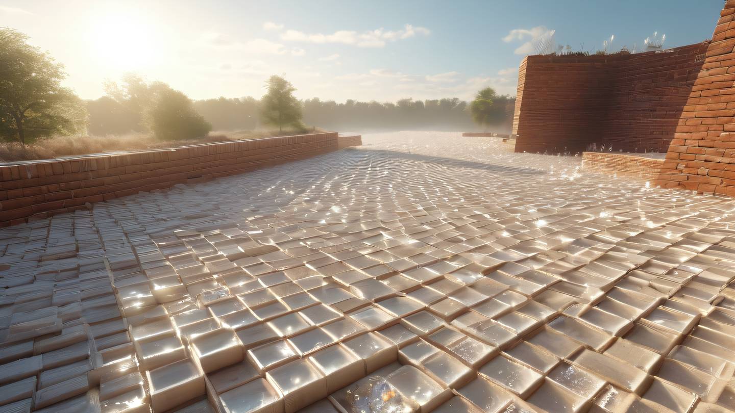 Ethereal landscape with floating geometric crystals and light rays in whisper white and sun-washed brick colors photographed from a dutch angle perspective high-quality ultra-realistic cinematic 8K UHD high resolution sharp and detail
